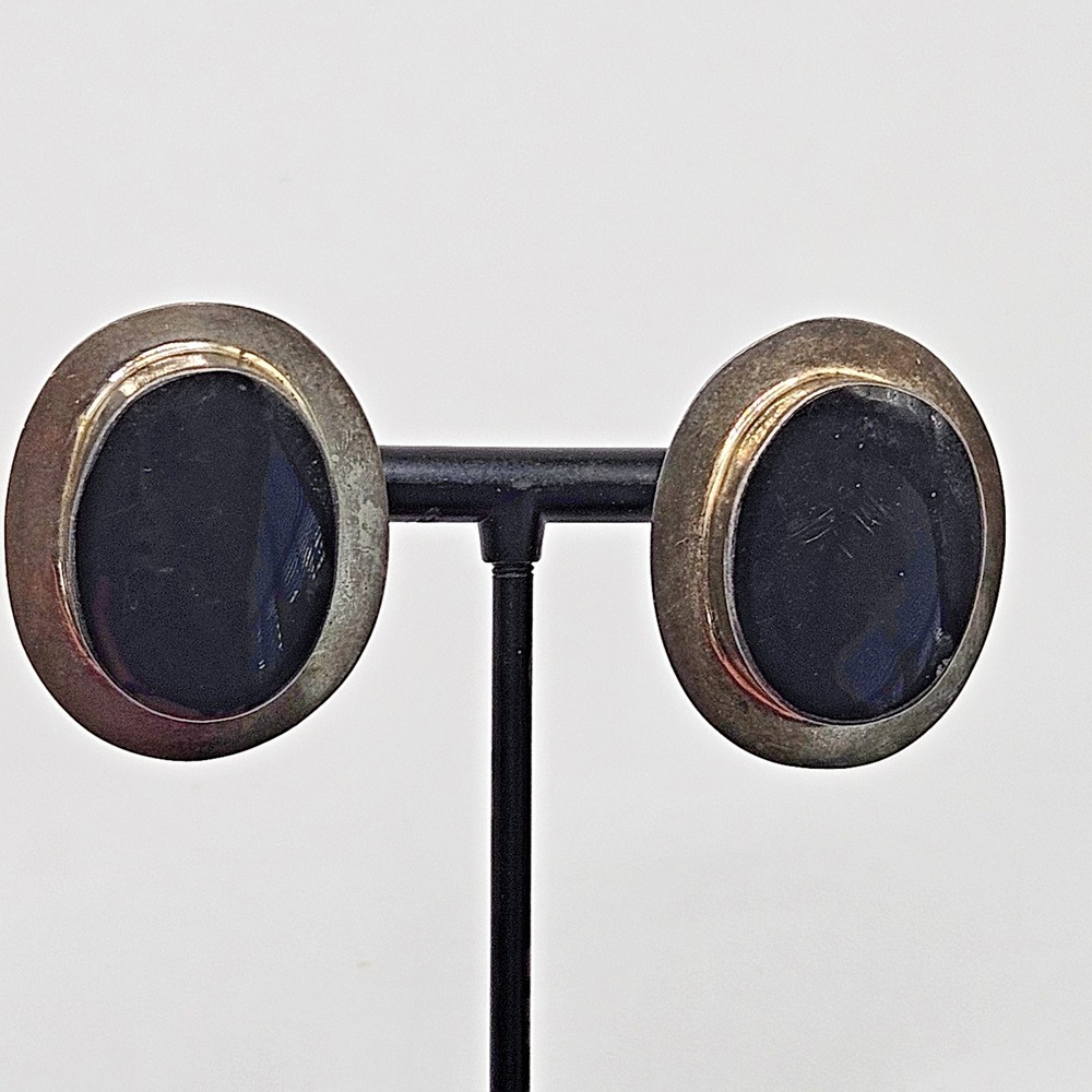 Sterling Silver Black Onyx Earrings Mexico 925 Oval 1"